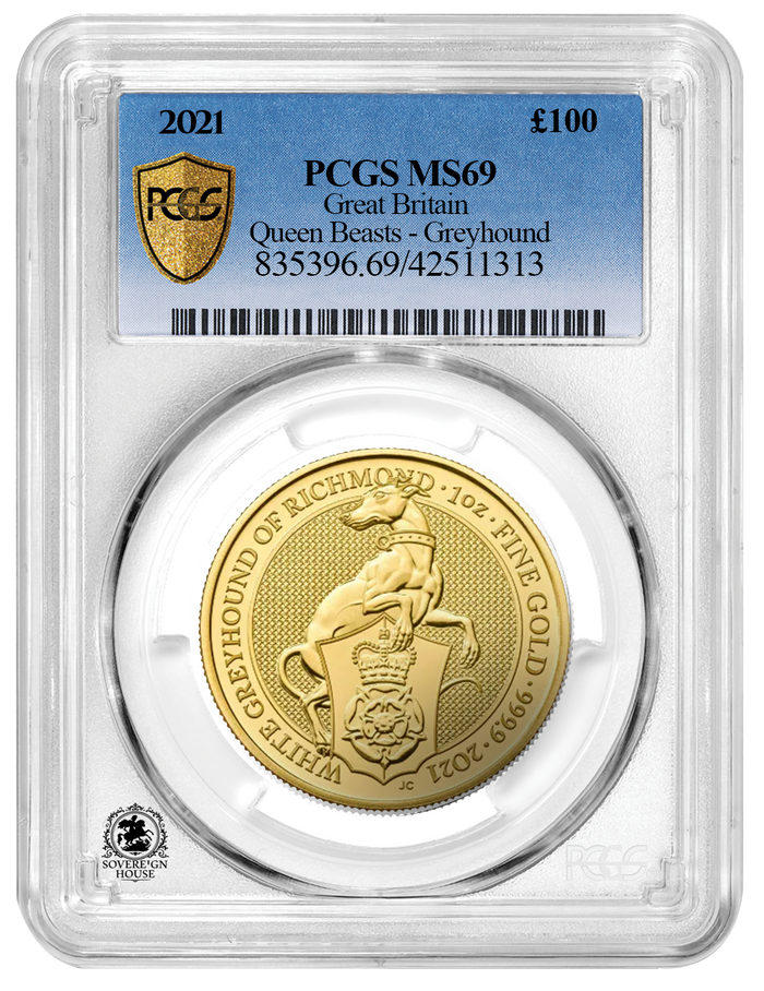 PCGS MS69 2021 1oz Queens Beasts Greyhound Of Richmond - Proof Gold Coin