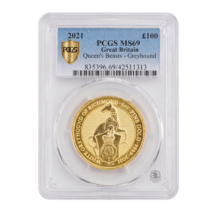 PCGS MS69 2021 1oz Queens Beasts Greyhound Of Richmond - Proof Gold Coin