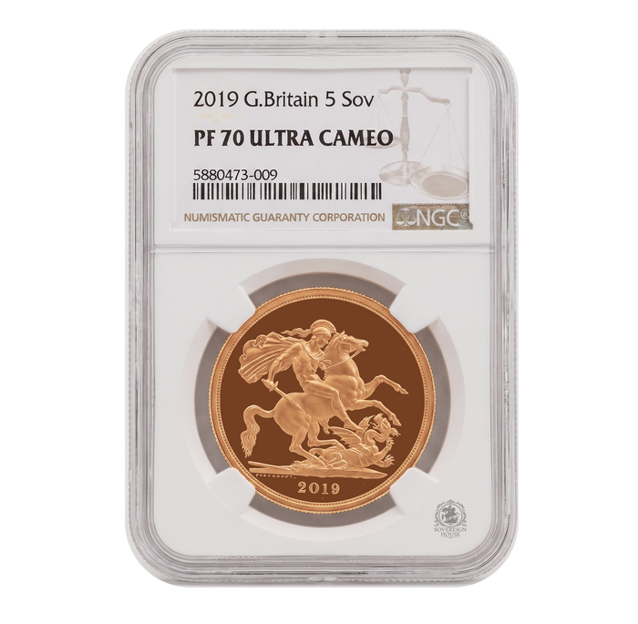 NGC PF70 2019 Ultra Cameo ยฃ5 Quintuple Sovereign St George - Proof Gold Coin