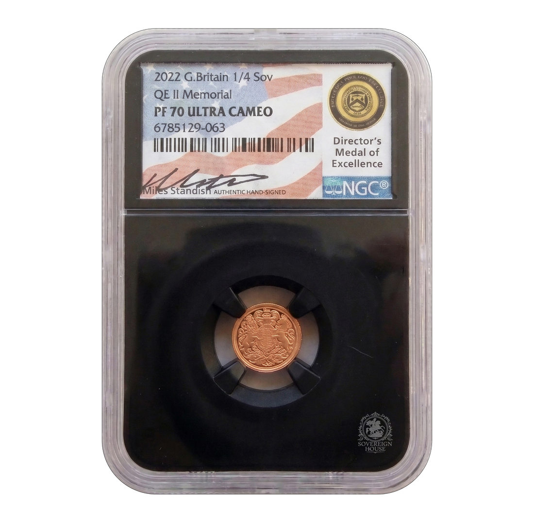 NGC PF70 2022 Queen Elizabeth II Memorial Quarter Sovereign - Miles Standish Signed Proof Gold Coin