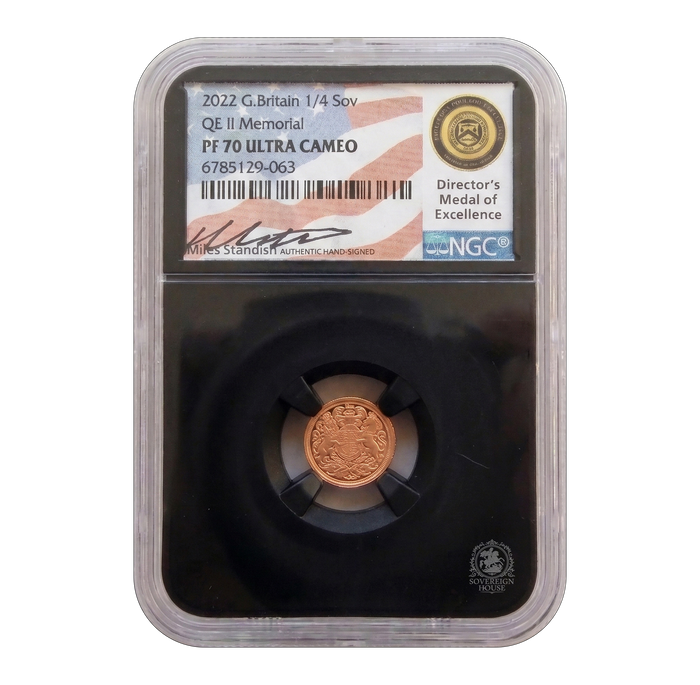 NGC PF70 2022 Queen Elizabeth II Memorial Quarter Sovereign - Miles Standish Signed Proof Gold Coin