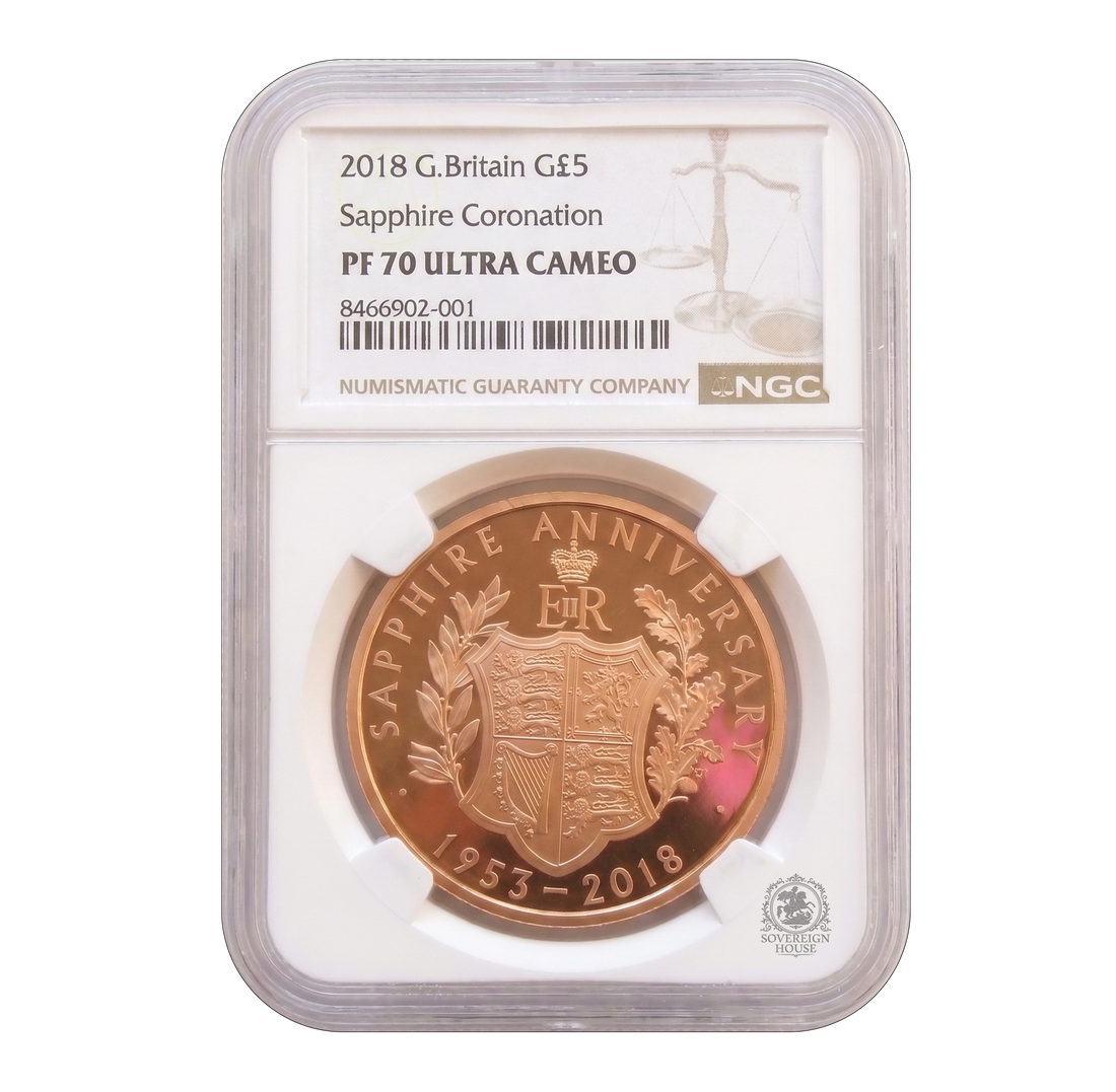 NGC PF70 2018 £5 Sapphire Coronation Quintuple Sovereign - Proof Gold Coin