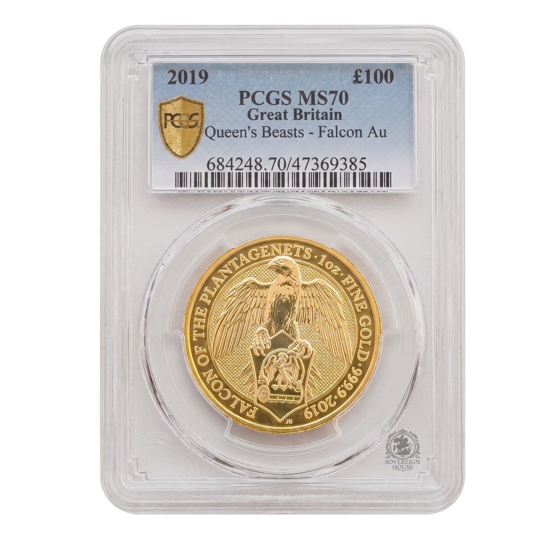 PCGS MS70 2019 1oz £100 Falcon of the Plantagenets - Queen's Beasts Gold Coin