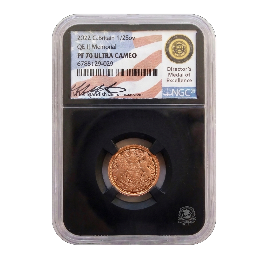 NGC PF70 2022 Queen Elizabeth II Memorial Half Sovereign - Miles Standish Signed Proof Gold Coin