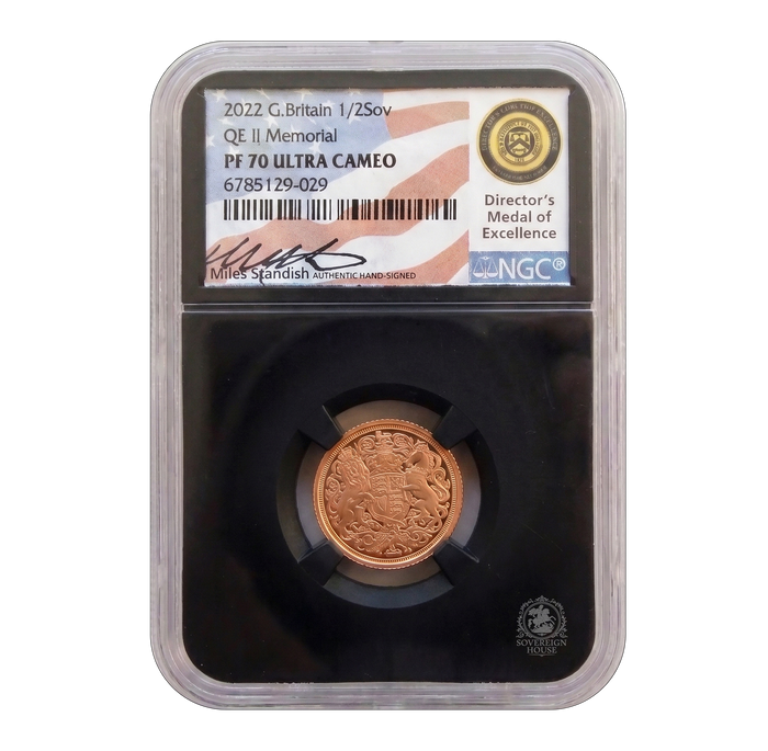 NGC PF70 2022 Queen Elizabeth II Memorial Half Sovereign - Miles Standish Signed Proof Gold Coin