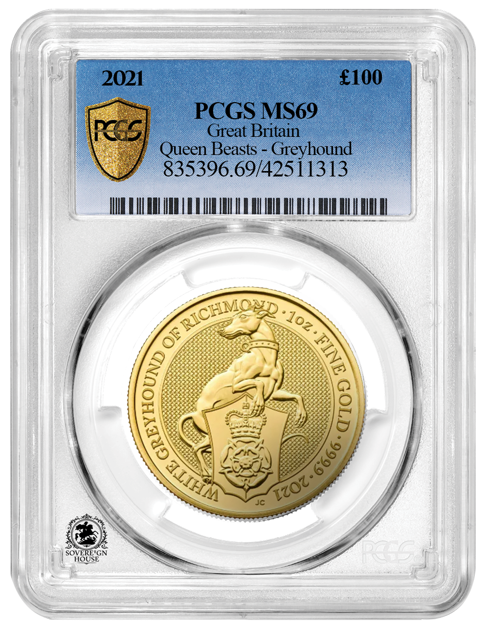 PCGS MS69 2021 1oz Queens Beasts Greyhound Of Richmond - Proof Gold Coin