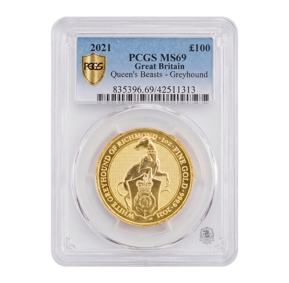 PCGS MS69 2021 1oz Queens Beasts Greyhound Of Richmond - Proof Gold Coin