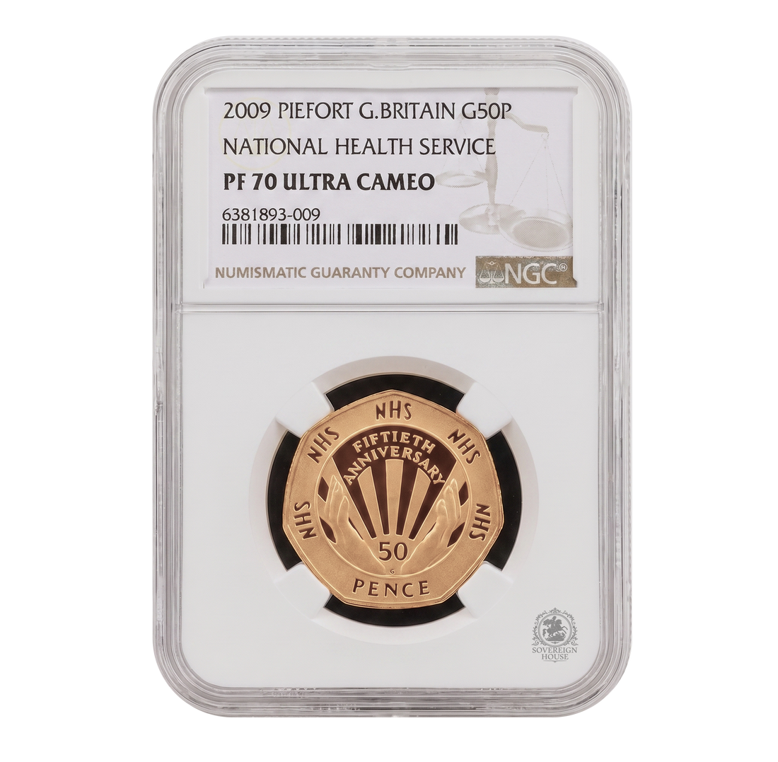 NGC PF70 2009 50p NHS Piefort - Proof Gold Coin - Mintage 40