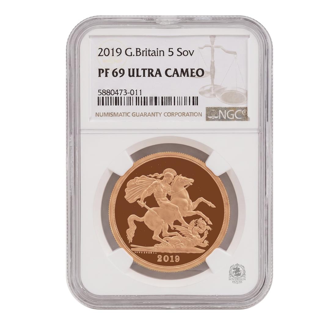 NGC PF69 2019 Ultra Cameo £5 Quintuple Sovereign St George - Proof Gold Coin