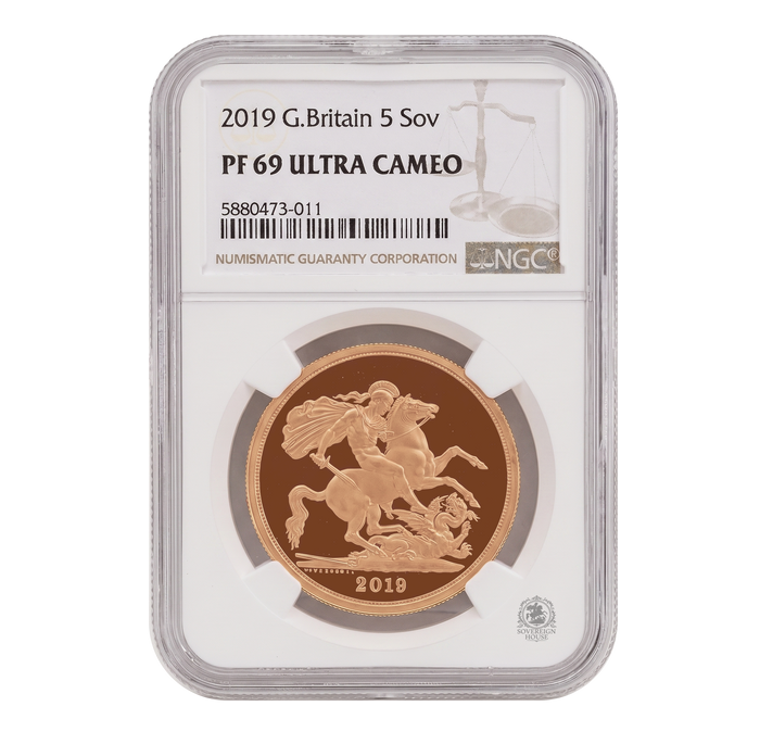 NGC PF69 2019 Ultra Cameo £5 Quintuple Sovereign St George - Proof Gold Coin