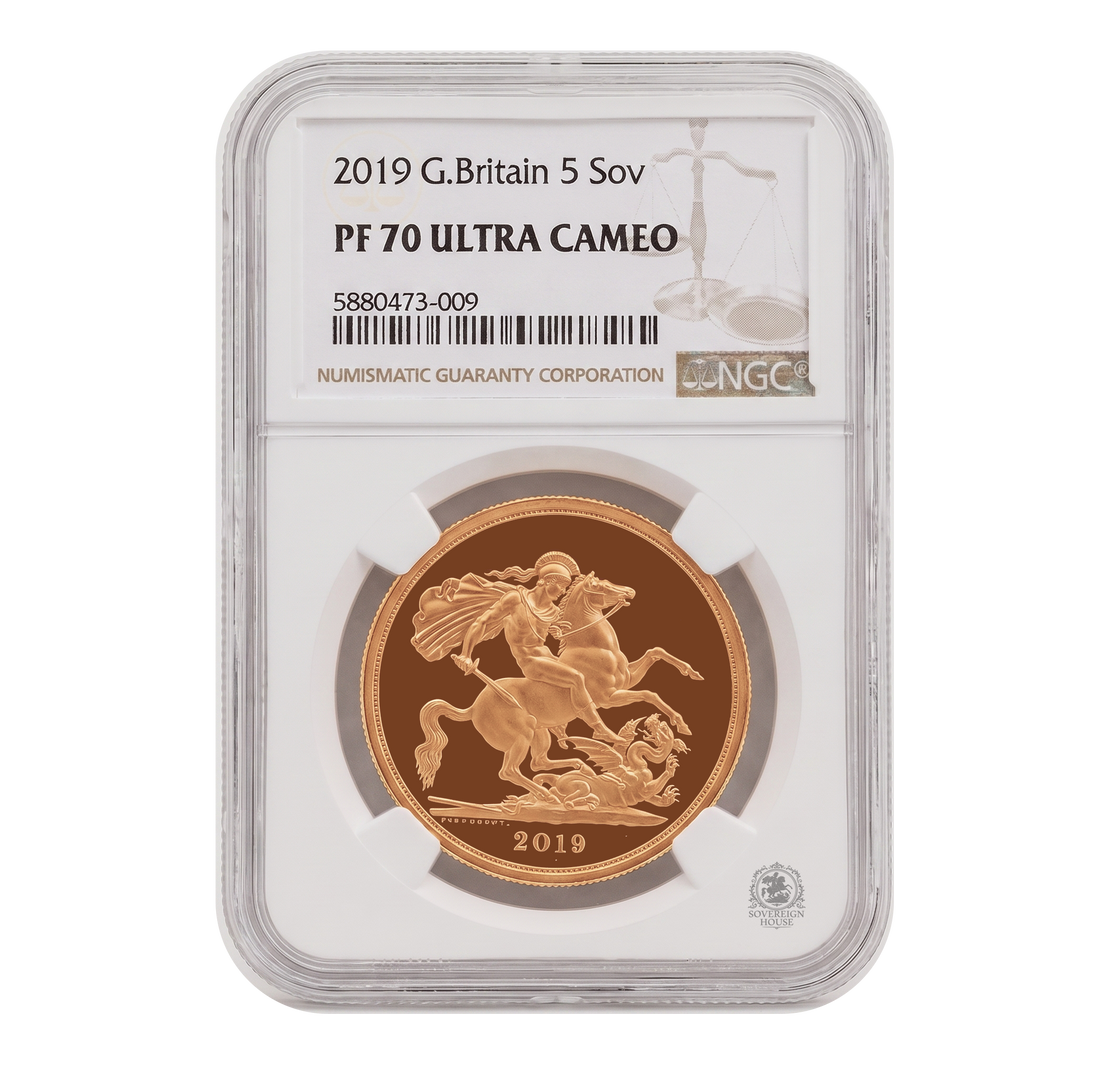 NGC PF70 2019 Ultra Cameo £5 Quintuple Sovereign St George - Proof Gold Coin