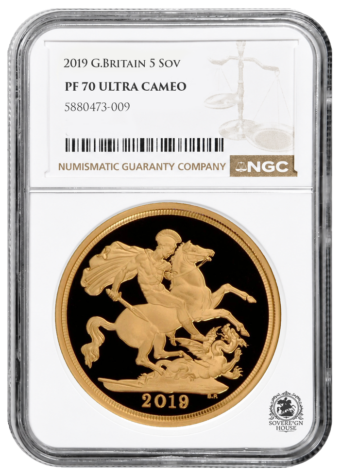 NGC PF70 2019 Ultra Cameo £5 Quintuple Sovereign St George - Proof Gold Coin