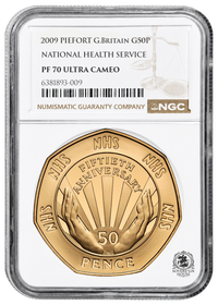 NGC PF70 2009 50p NHS Piefort - Proof Gold Coin - Mintage 40