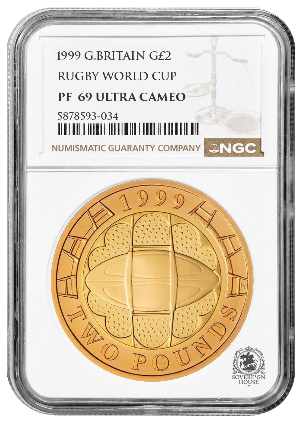 NGC PF69 1999 Rugby World Cup £2 Double Sovereign - Proof Gold Coin