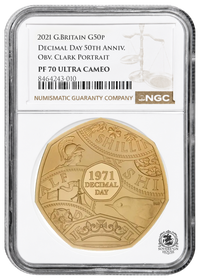 NGC PF70 2021 50p Decimal Day 50th Anniversary - Proof Gold Coin